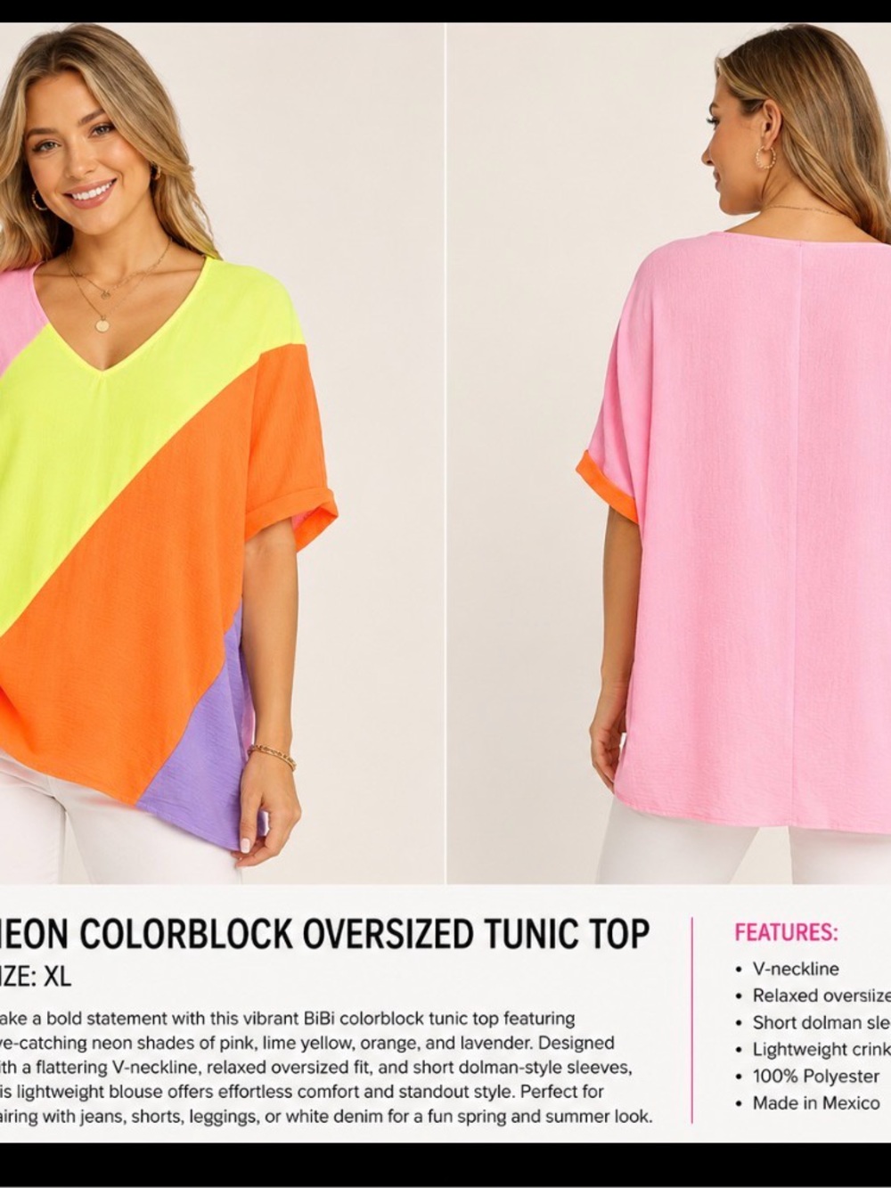 BiBi Neon Colorblock Top XL | Bright Pink,Lime & OrangeBlouse